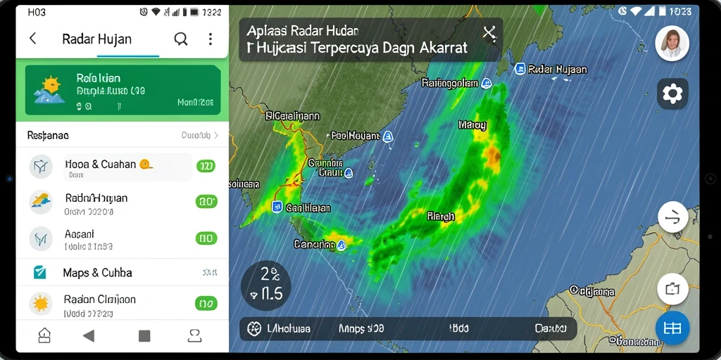 Antarmuka H03 menampilkan peta radar hujan yang jelas dan informatif.