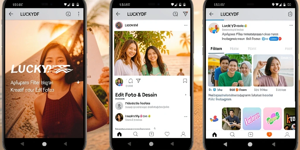 Tangkapan layar aplikasi LUCKYDF dengan tampilan berbagai filter Instagram yang menarik.